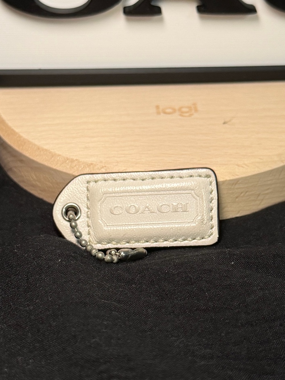 Small Coach Cream Leather Bag Charm with Ball Chain